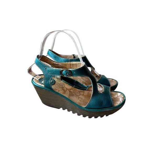 Fly London Green Leather Slingback Wedge Sandals Size 36 (US 5–5.5) - Picture 2 of 10